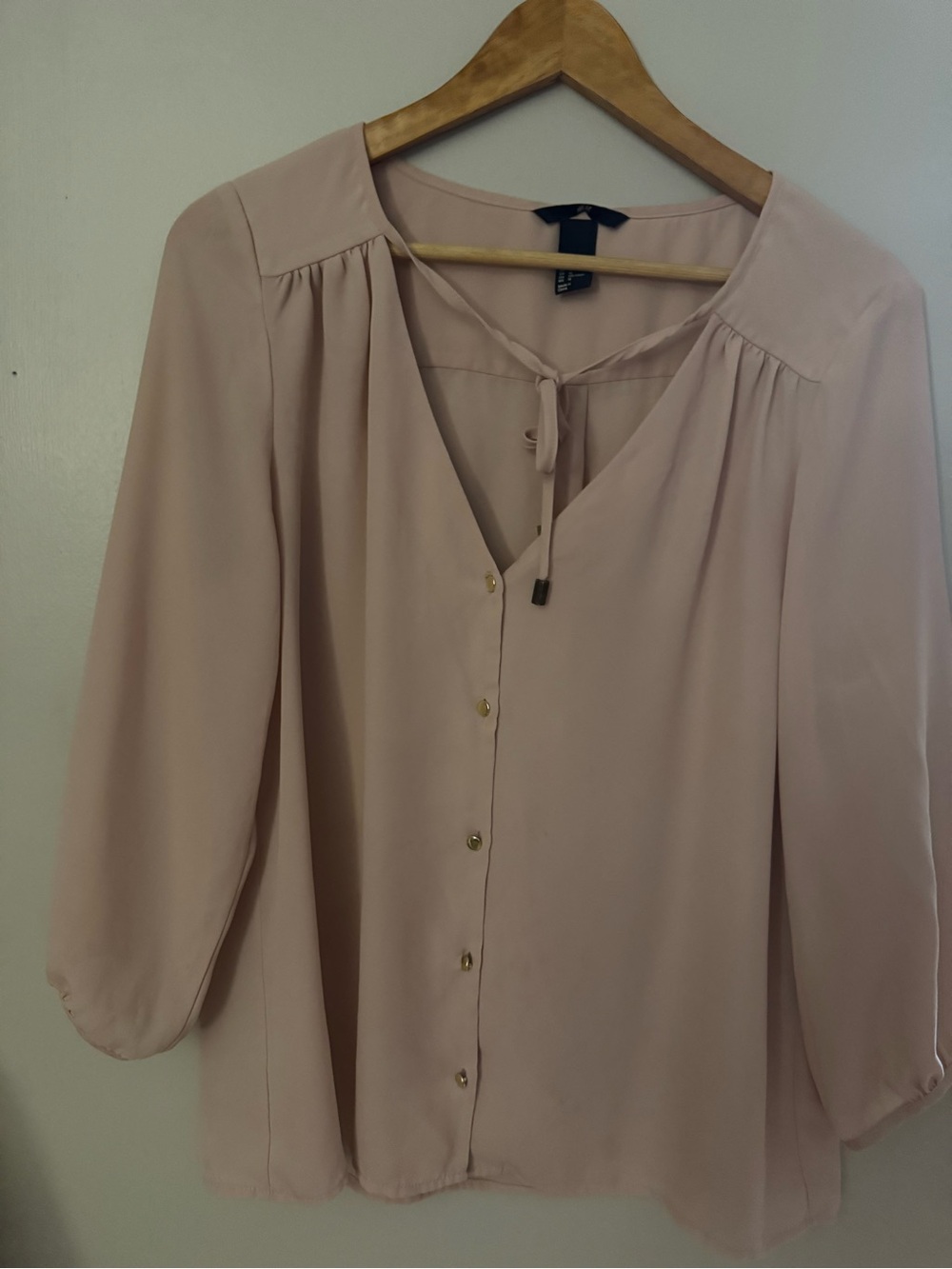H&M Pale Blush Button-Front Tie-Neck Blouse